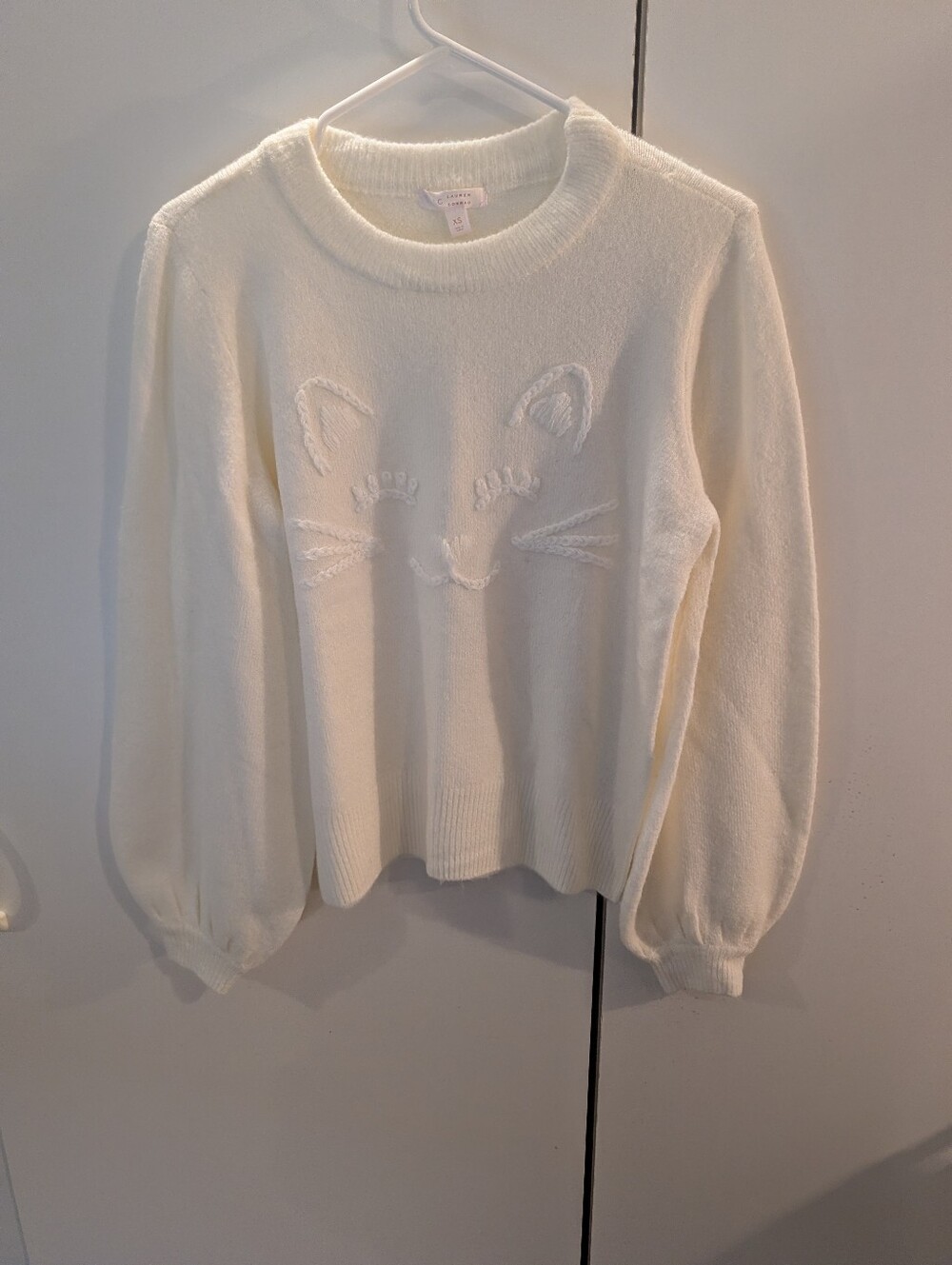 Lauren Conrad Woman's Cozy Cream Cat Face Knit Sweater - Women's XS
